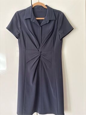 Tahari Navy Twist-Front Short Sleeve Dress